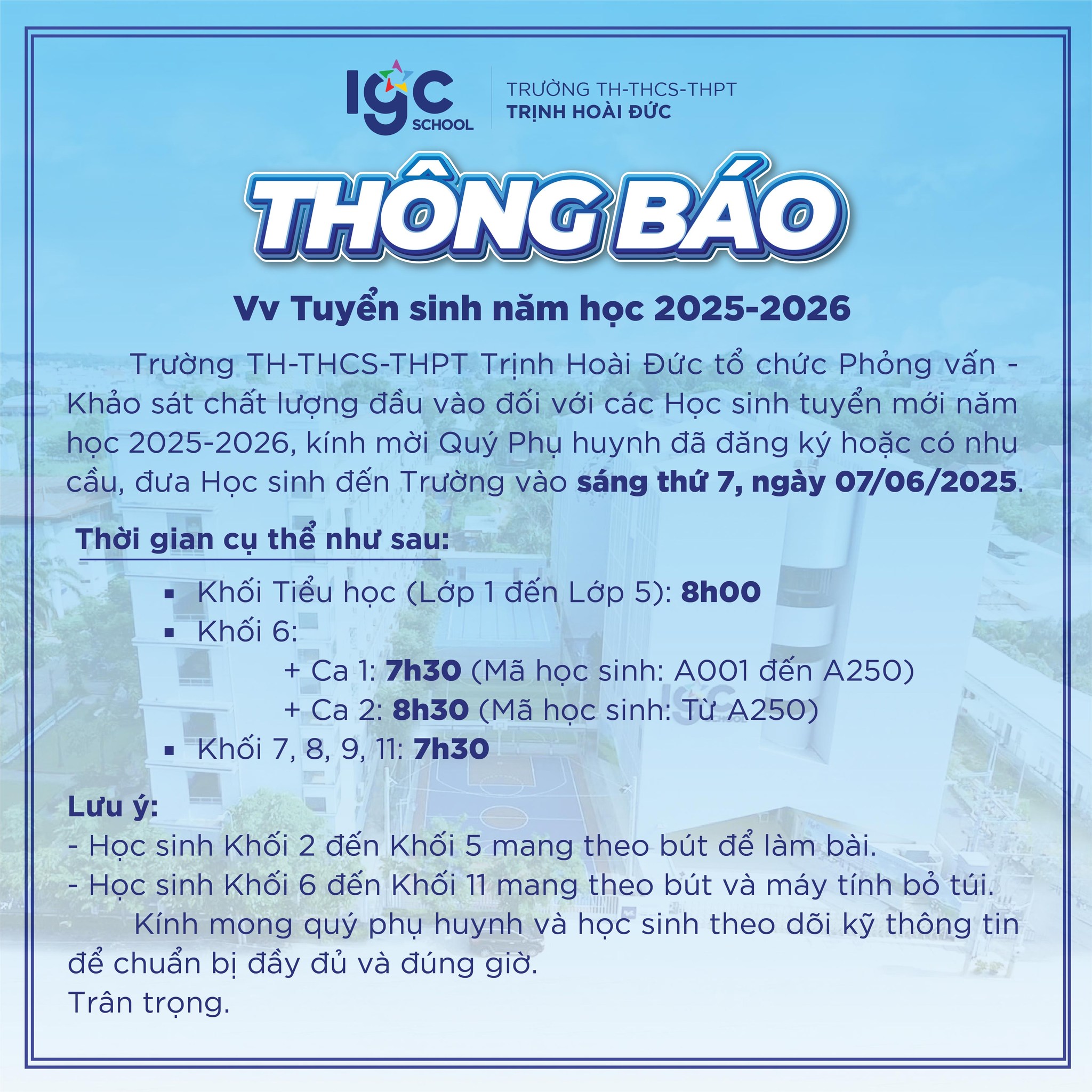 Thông báo Trường TH-THCS-THPT Trịnh Hoài Đức tổ chức Phỏng vấn - Khảo sát chất lượng đầu vào đối với các Học sinh tuyển mới năm học 2025-2026