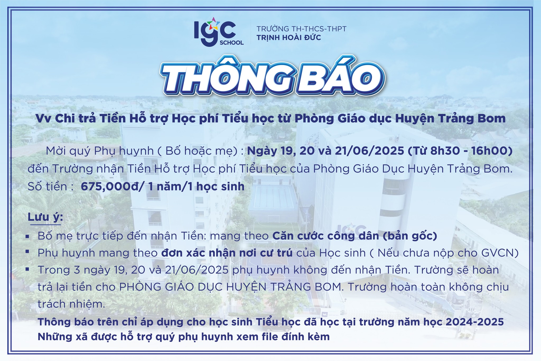 Thông Báo về việc chi trả Tiền Hỗ trợ Học phí Tiểu học từ Phòng Giáo dục Huyện Trảng Bom