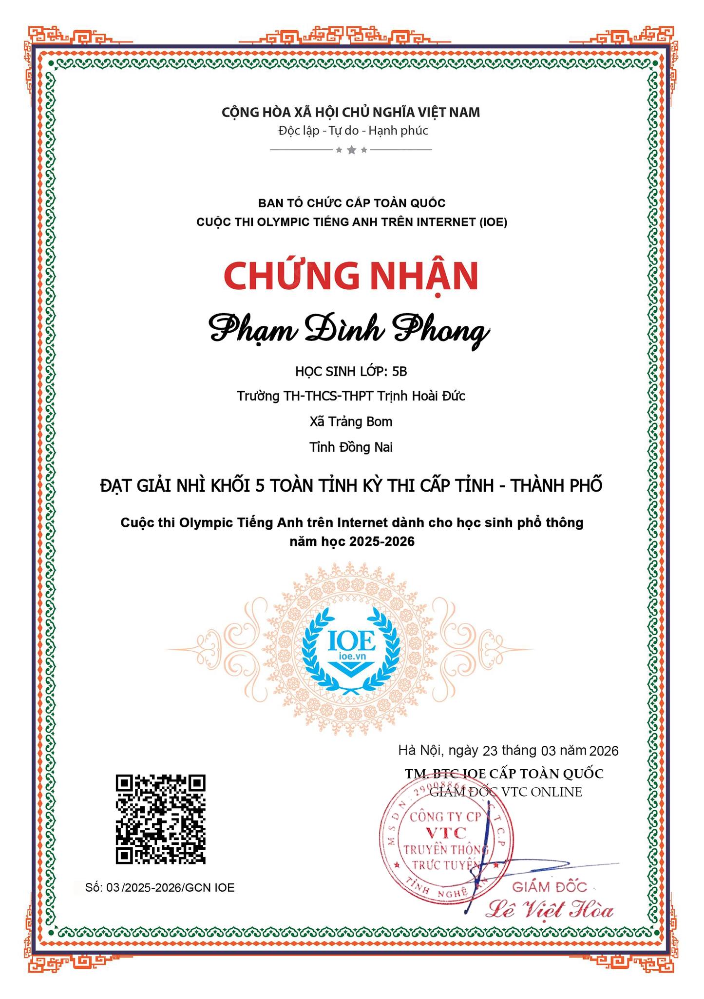 Giấy khen IOE