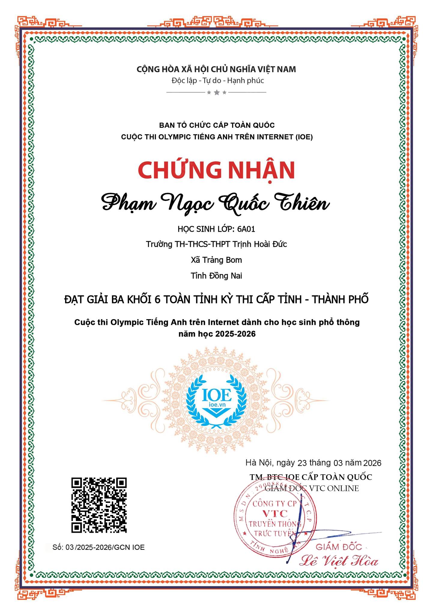 Giấy khen IOE