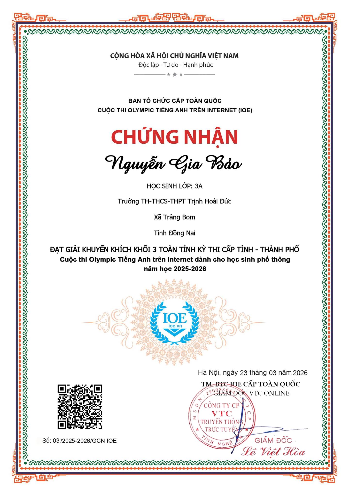 Giấy khen IOE