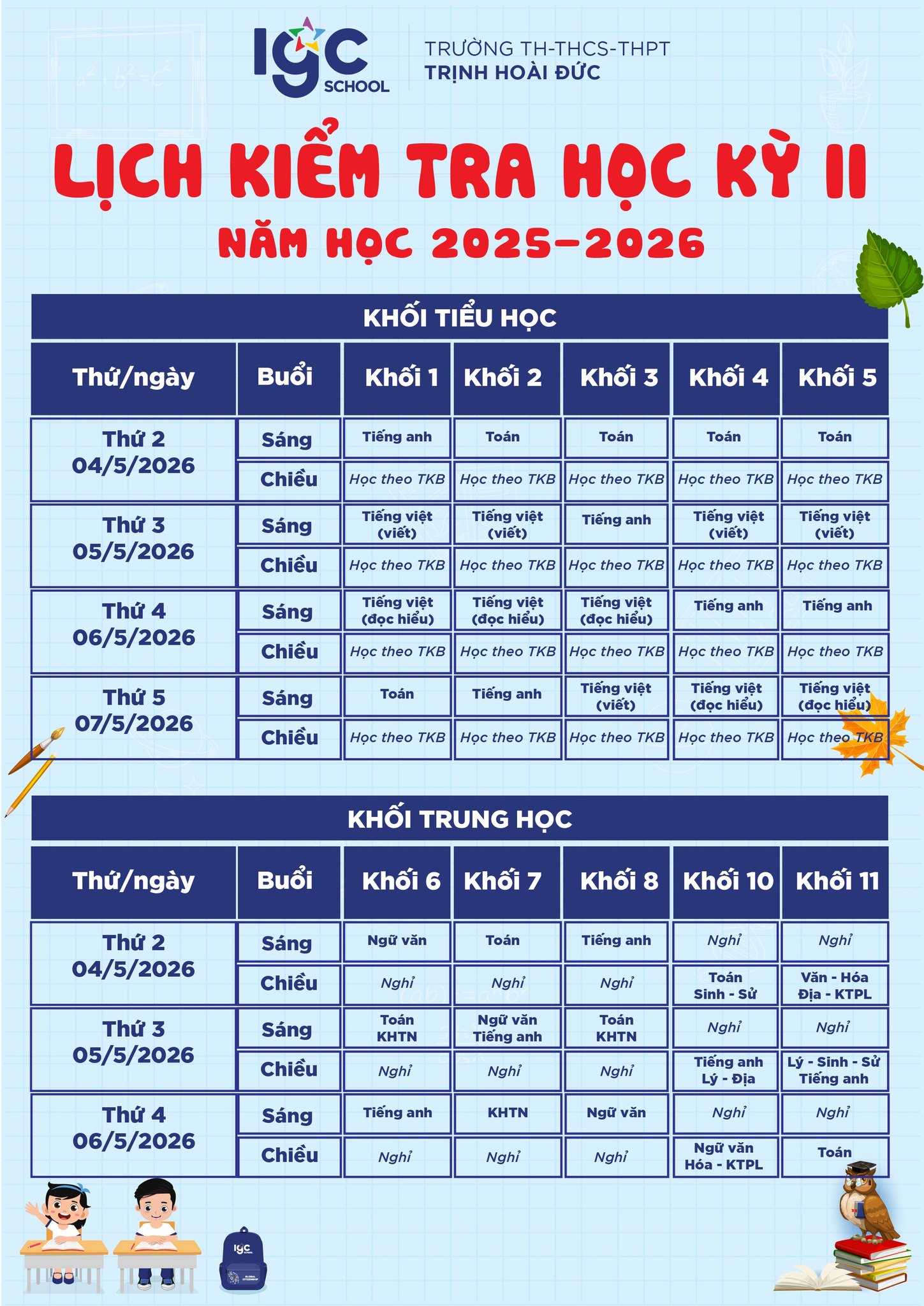 Lịch kiểm tra học kì 2 - Trường Trịnh Hoài Đức