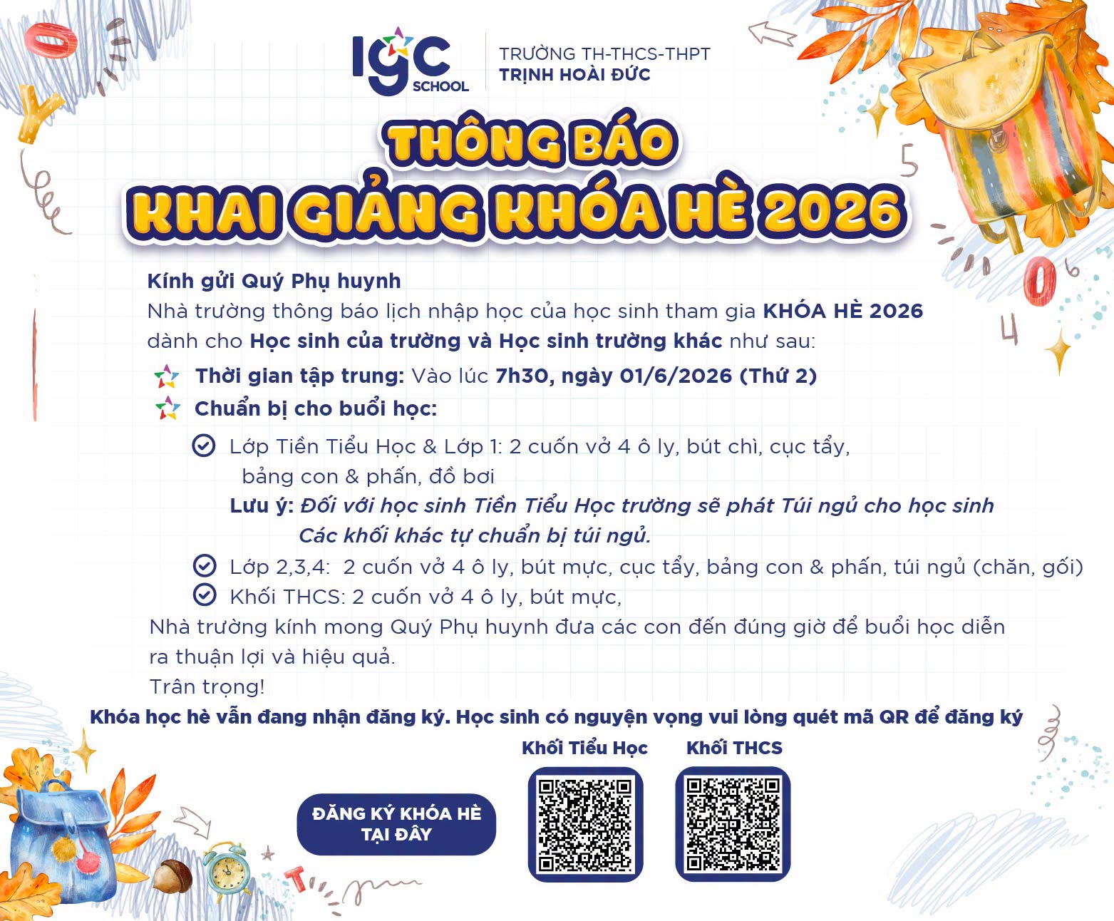 Thông báo tập trung Khóa hè