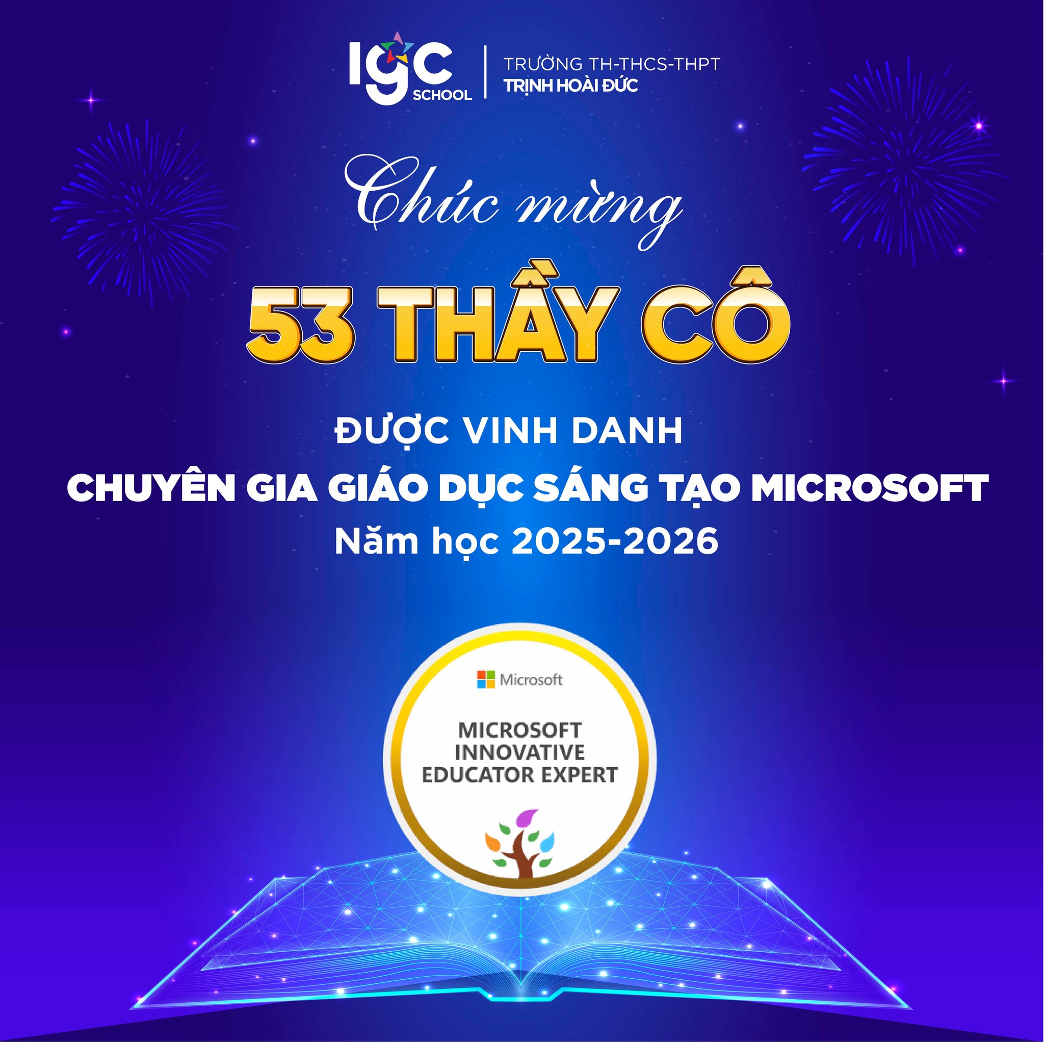 Banner vinh danh 53 giáo viên Trịnh Hoài Đức đạt danh hiệu Chuyên gia Giáo dục Sáng tạo Microsoft