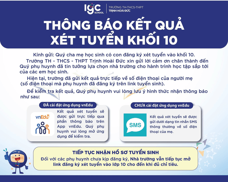 Đợt tuyển sinh lớp 10 trường Trịnh Hoài Đức dành cho học sinh tốt nghiệp THCS.